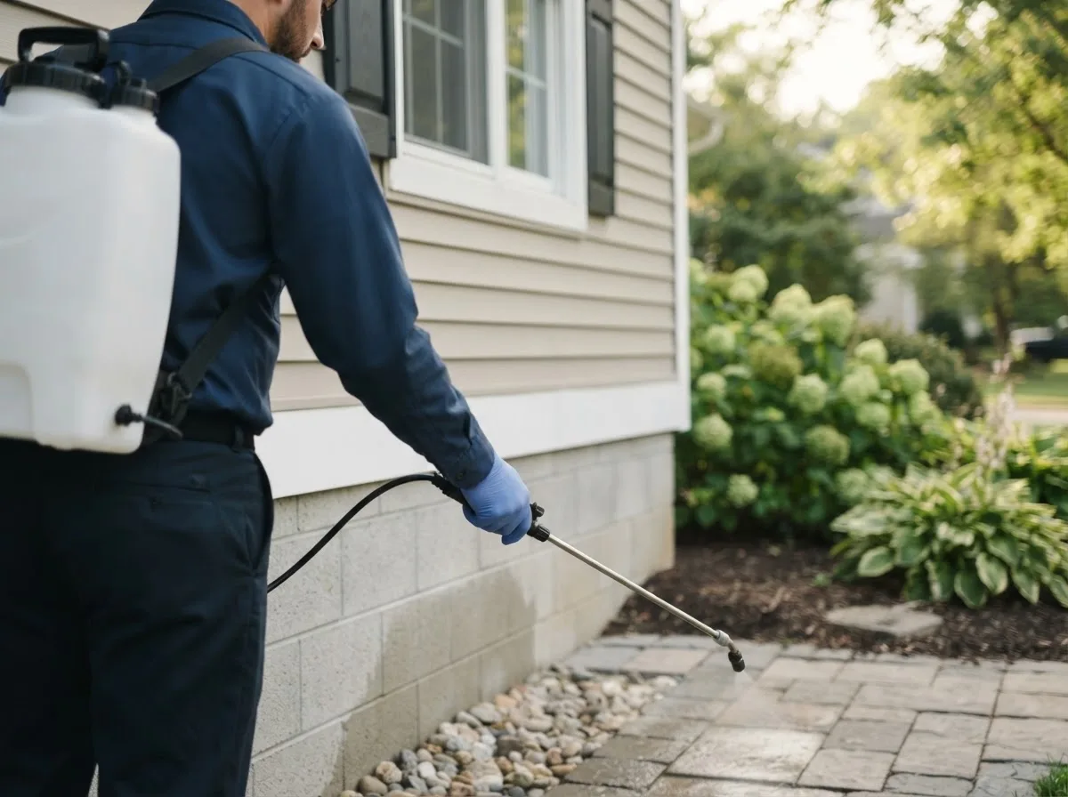 Pest control technician inspecting a home in Wheatland, OK